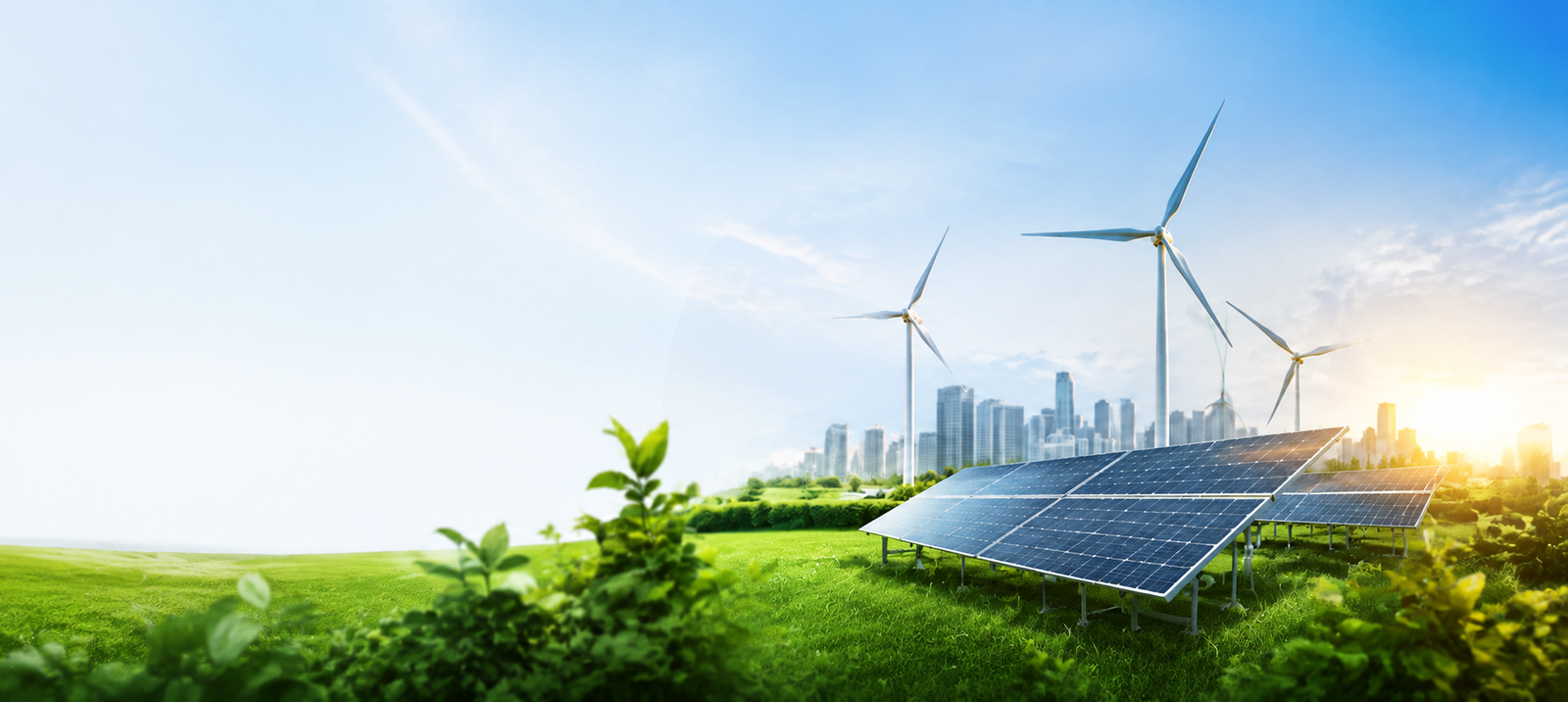 Solar farm, wind turbines, lush greenery with modern city skyline